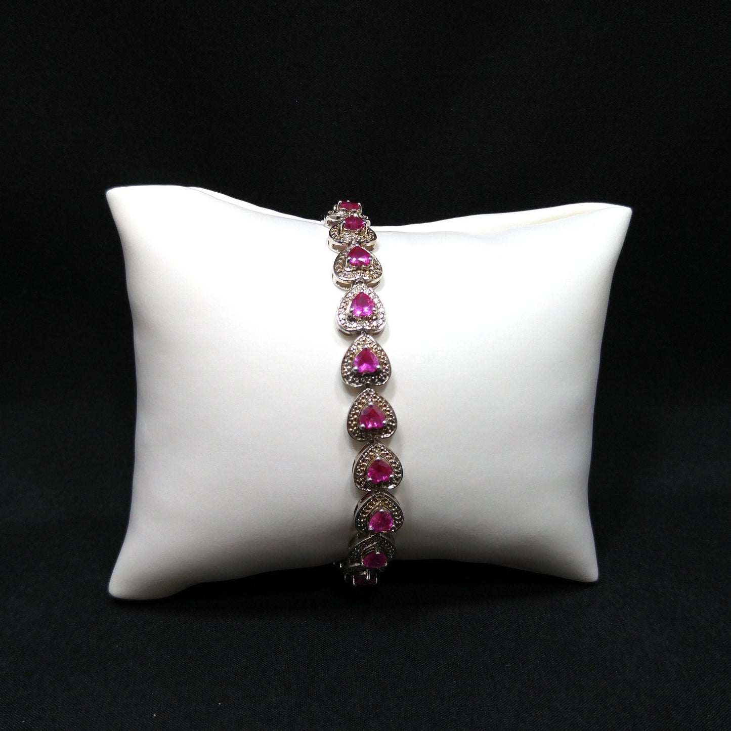 Vintage 925 Silver Ruby Heart Tennis Bracelet Pink Gemstone 7.25” Valentine Gift