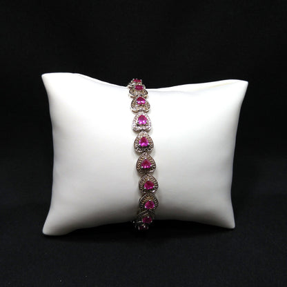 Vintage 925 Silver Ruby Heart Tennis Bracelet Pink Gemstone 7.25” Valentine Gift