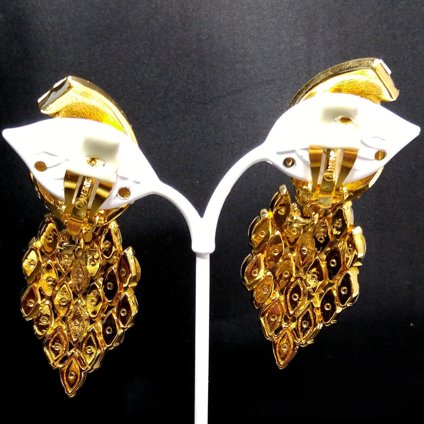 Vintage CINER Runway Clear Rhinestone Long Clip Earrings, Gold Plated