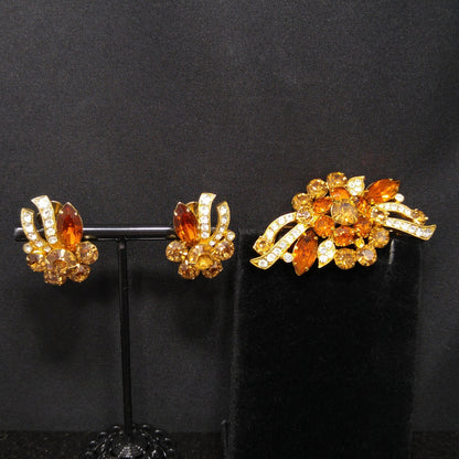 Eisenberg Ice Topaz Orange Brooch & Earrings, Gold Plated, 1960s Vintage Jewelry