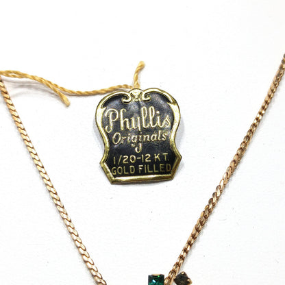Phyllis Originals Green Rhinestone Pendant Brooch Necklace, Gold Filled, Paper Tag, 1950s Vintage Jewelry