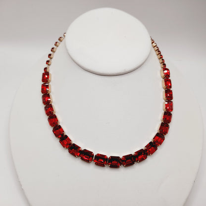 WEISS Vintage Red Rhinestone Choker Necklace – Gold Plated Holiday Statement Jewelry