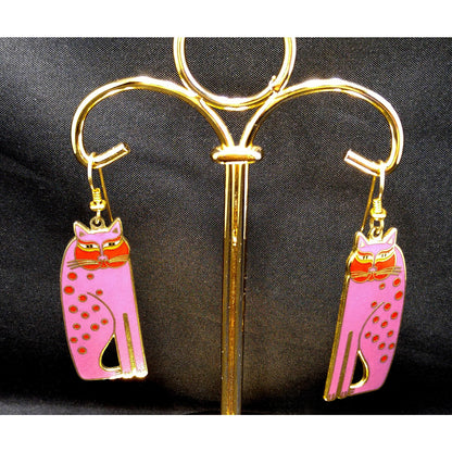 Laurel Burch "Siamese Cats" Long Earrings, Gold Plated, Purple Enamel, 1980s Vintage Jewelry
