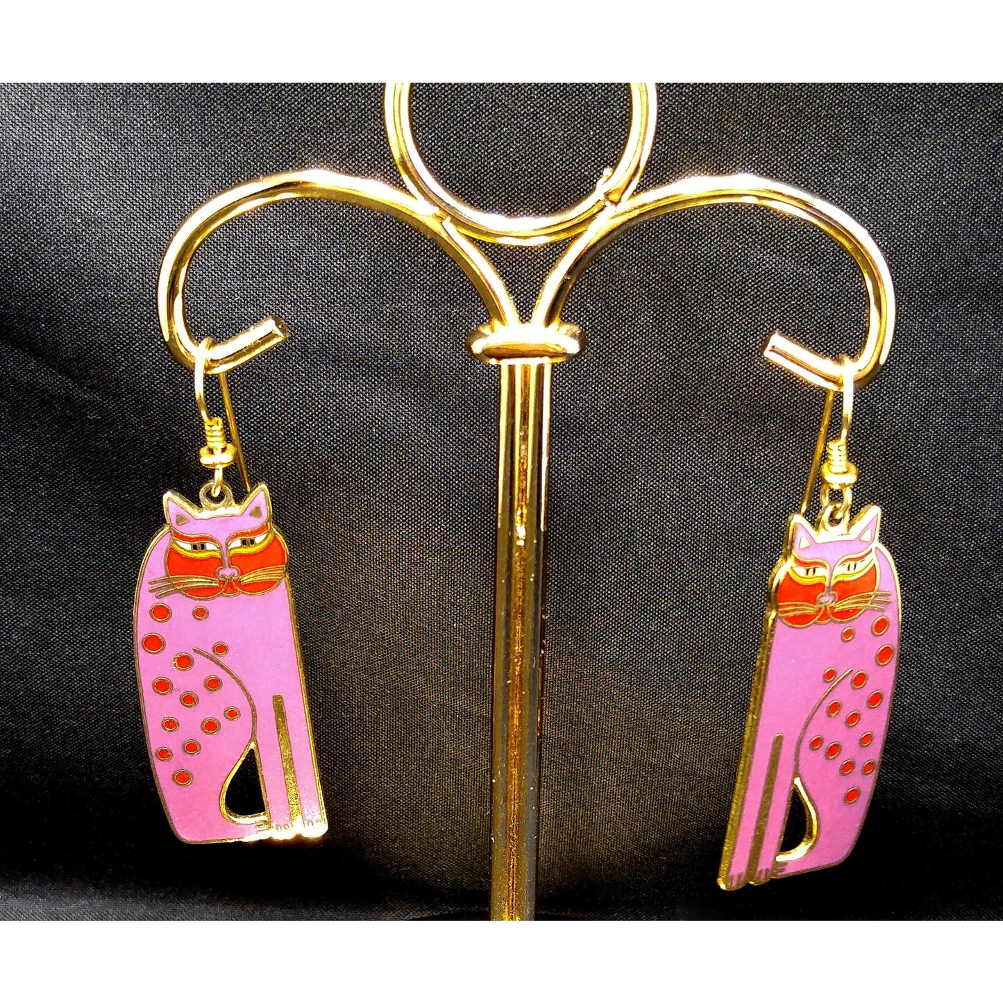 Laurel Burch "Siamese Cats" Long Earrings, Gold Plated, Purple Enamel, 1980s