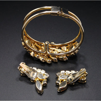 Rhinestone Hinged Bracelet & Earrings, Light Topaz Jonquil, 1960s Vintage Jewelry