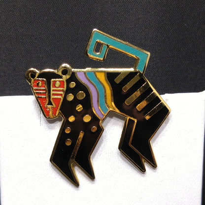 Laurel Burch "Mythical Monkey" Brooch, Gold Plated Cloisonne Enamel, 1980s