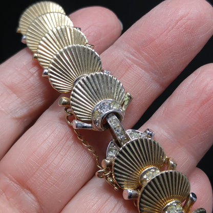 Boucher Deco Fan Bracelet, Clear Rhinestones, Overlapping Links, 1960s Vintage Jewelry