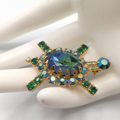 Vintage Turtle Brooch, Green Blue Aurora Borealis Rhinestones, Gold Plated, 1960s Vintage Jewelry