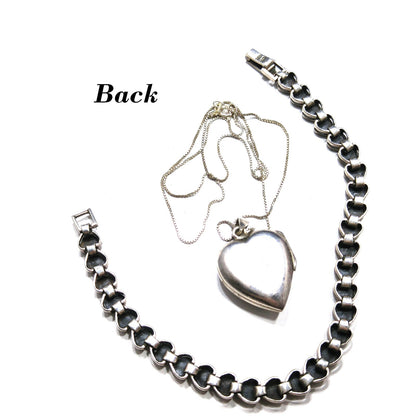 Marsala Silver Heart Locket Necklace & Bracelet, 925 Box Chain, 1980s Vintage Jewelry