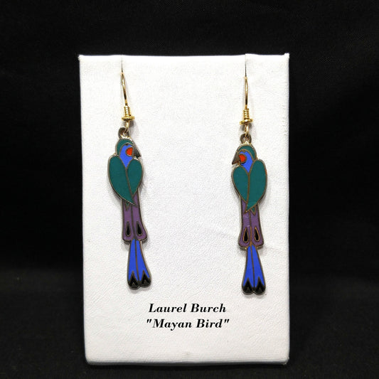 Laurel Burch "Mayan Bird" Long Earrings, Cloisonne & Enamel, 1980s Vintage