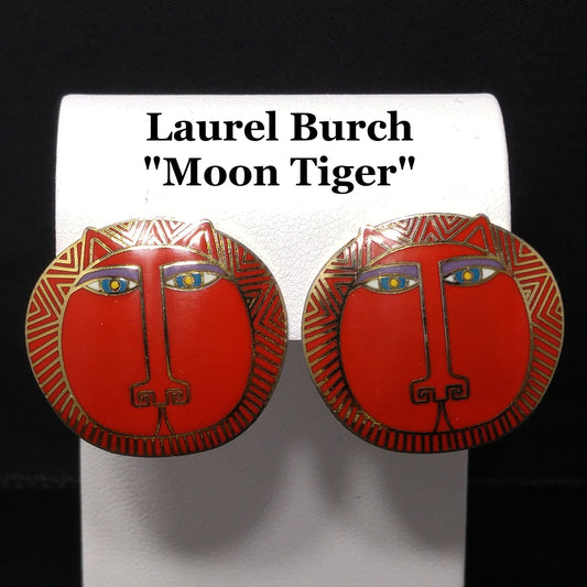 Vintage Laurel Burch "Moon Tiger" Red Post Earrings, Gold Plated
