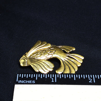 Laurel Burch Fish With Human Face Brooch, Gold Plated, 1980s Vintage Jewelry