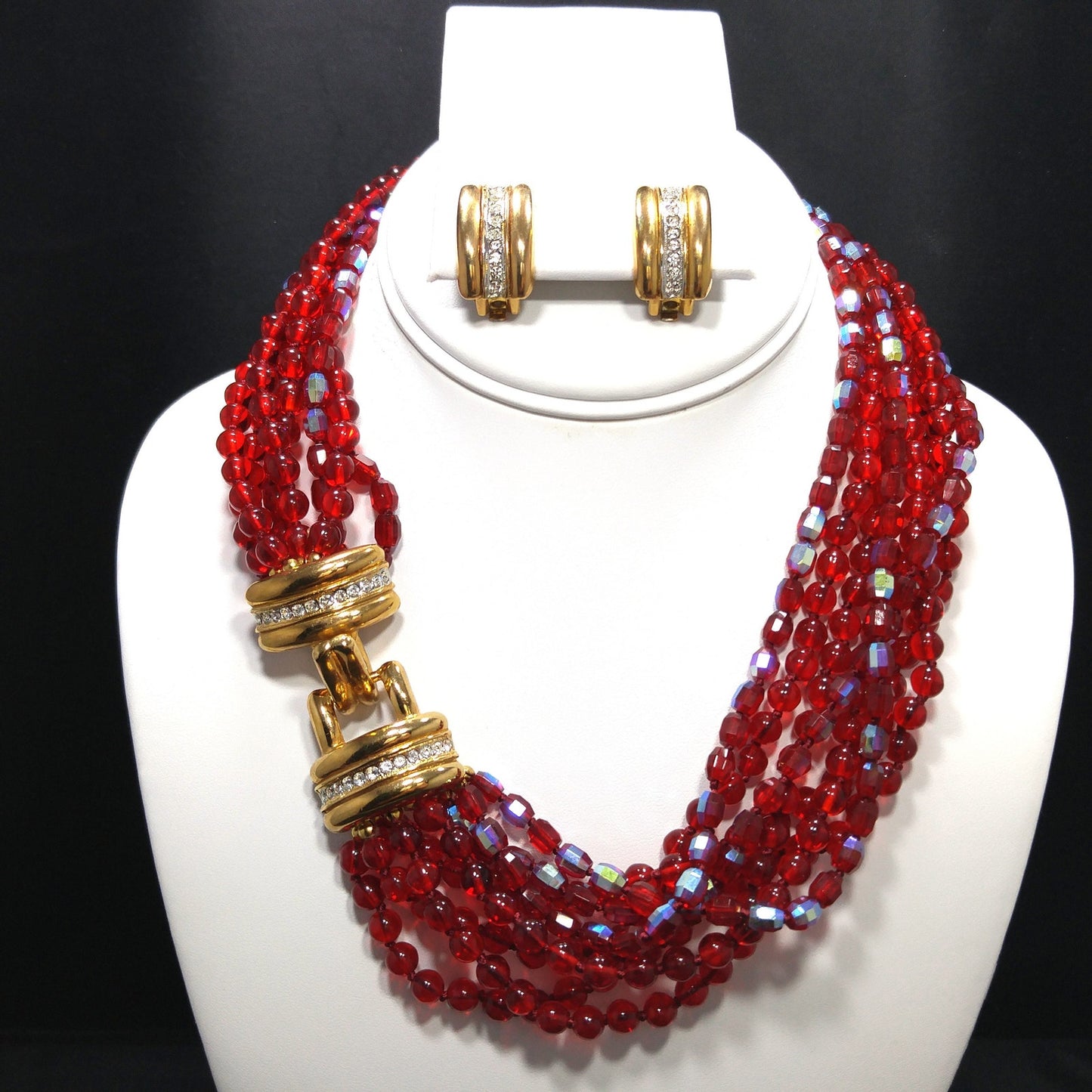 Vintage Stannard Red Glass Bead Necklace Earrings Set Gold Rhinestone Clasp 1970s