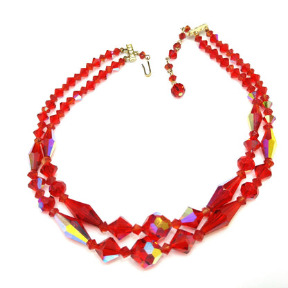 Red Aurora Borealis Crystal Beaded Necklace, Two Strands, 1950s Vintage Jewelry