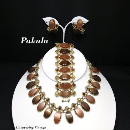Pakula Topaz Lucite Moonglow Necklace Bracelet Earrings Set, 1950s Vintage Jewelry