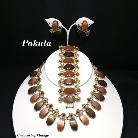 Pakula Topaz Lucite Moonglow Necklace Bracelet Earrings Set, 1950s Vintage Jewelry