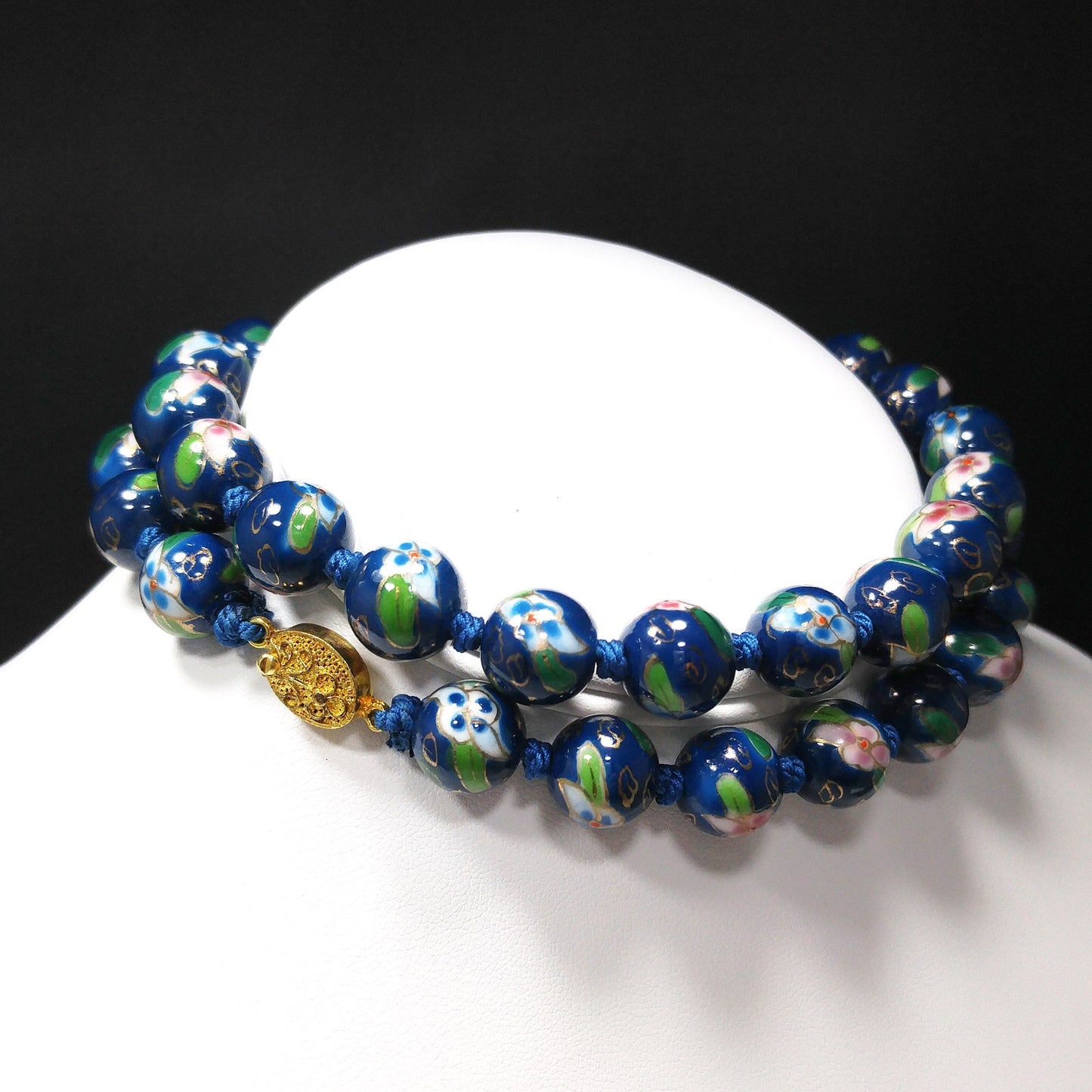 Vintage Chinese Hand Knotted Beaded Necklace, Blue Hand Painted Floral Beads, 1960s Vintage Jewelry