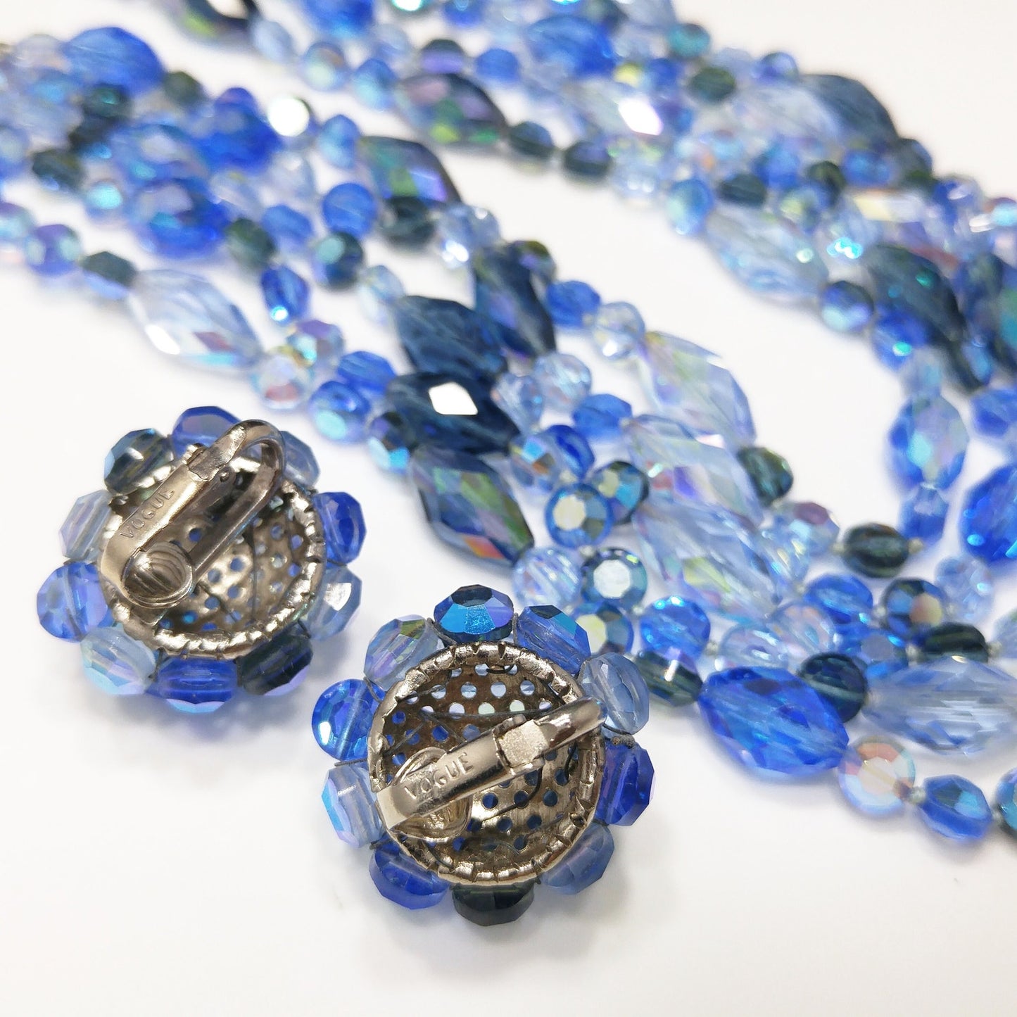 Vogue Blue Crystal Necklace & Earrings Set, Aurora Borealis, 1960s Vintage Jewelry