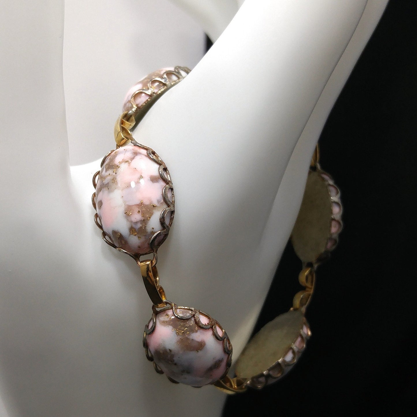 German Pink Gold Glitter Robins Egg Bracelet & Necklace, 1950s Vintage Jewelry