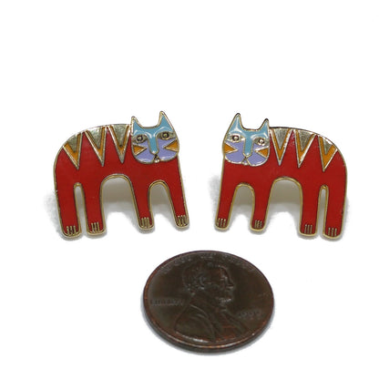 Vintage Laurel Burch Red Cat Post Earrings, Gold Plated Enamel
