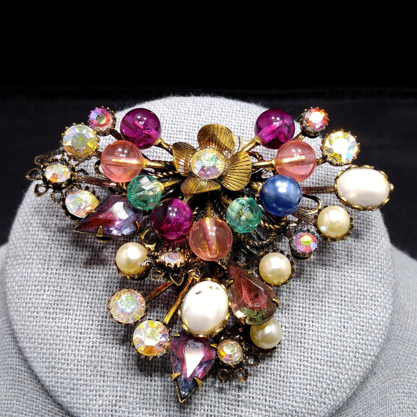Mid-century Floral Beaded Riveted Brooch, Rhinestones Beads Prongs, 1950s Vintage Jewelry