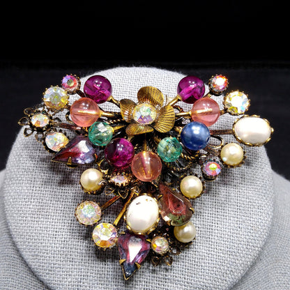 Mid-century Floral Beaded Riveted Brooch, Rhinestones Beads Prongs, 1950s Vintage Jewelry