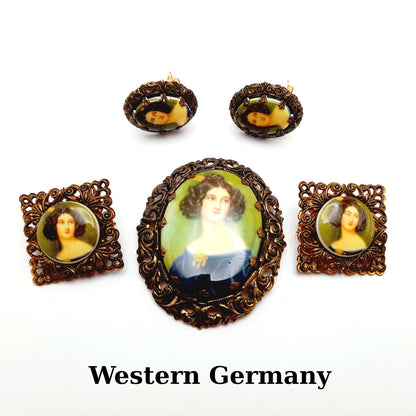 West Germany Vintage Brooch Earrings Twin Pins Set, Portrait Transfer Glass Gold Tone