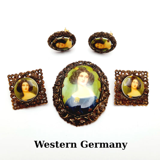 West Germany Vintage Brooch Earrings Twin Pins Set, Portrait Transfer Glass Gold Tone