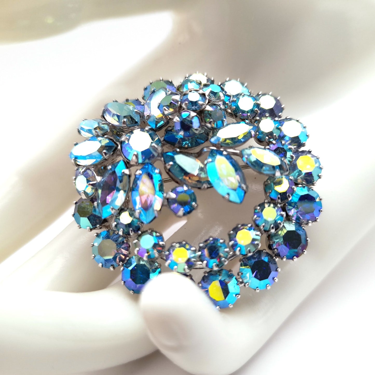 Vintage Sherman Blue Aurora Borealis Rhinestone Brooch