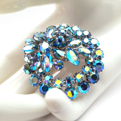 Vintage Sherman Blue Aurora Borealis Rhinestone Brooch
