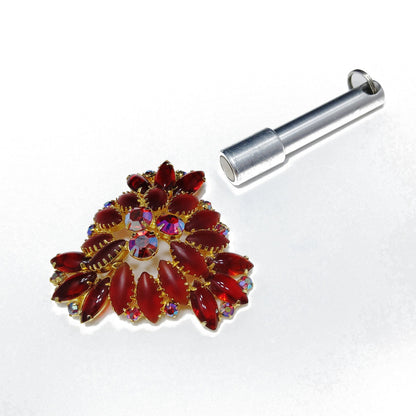 Red Art Glass & Rhinestone Brooch, Gold Plated, Juliana Style, 1960s Vintage Jewelry