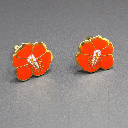 Vintage Laurel Burch Red Hibiscus Clip Earrings, Gold Plated