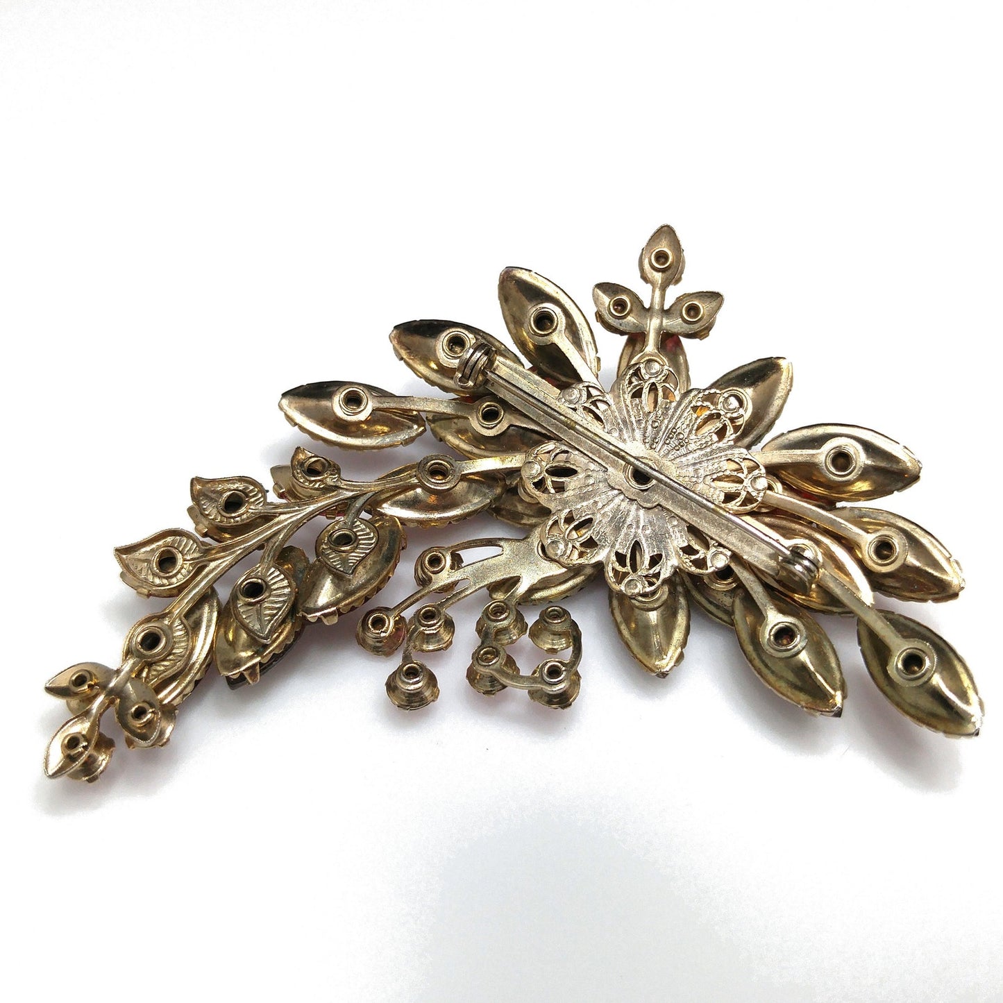 Red Rhinestone Floral Spray Brooch, Gold Plated, 1950s Vintage Jewelry