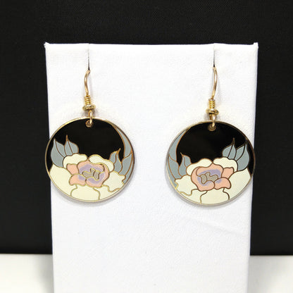 Vintage Laurel Burch "Garden Rose" Earrings, Gold Plated Cloisonné
