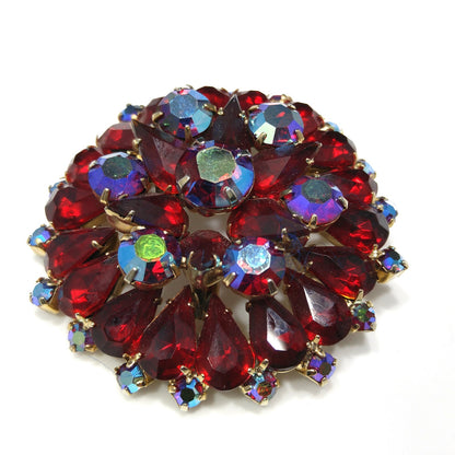 Ruby Red Rhinestone Brooch, Aurora Borealis, Gold Plated, 1960s Vintage Jewelry