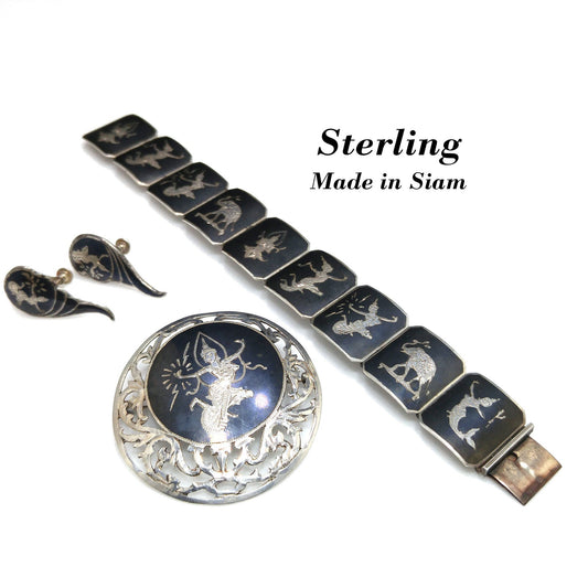 Sterling Silver Jewelry: Bracelet, Screw Back Earrings, Brooch, Stamped Sterling Made in Siam, 1930s Vintage Jewelry