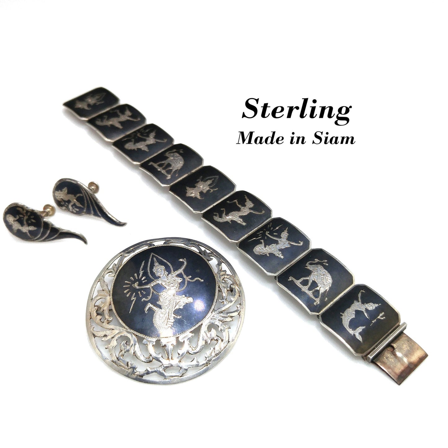 Vintage Siam Sterling Niello Silver Bracelet Brooch Earrings Set Mekkala Goddess