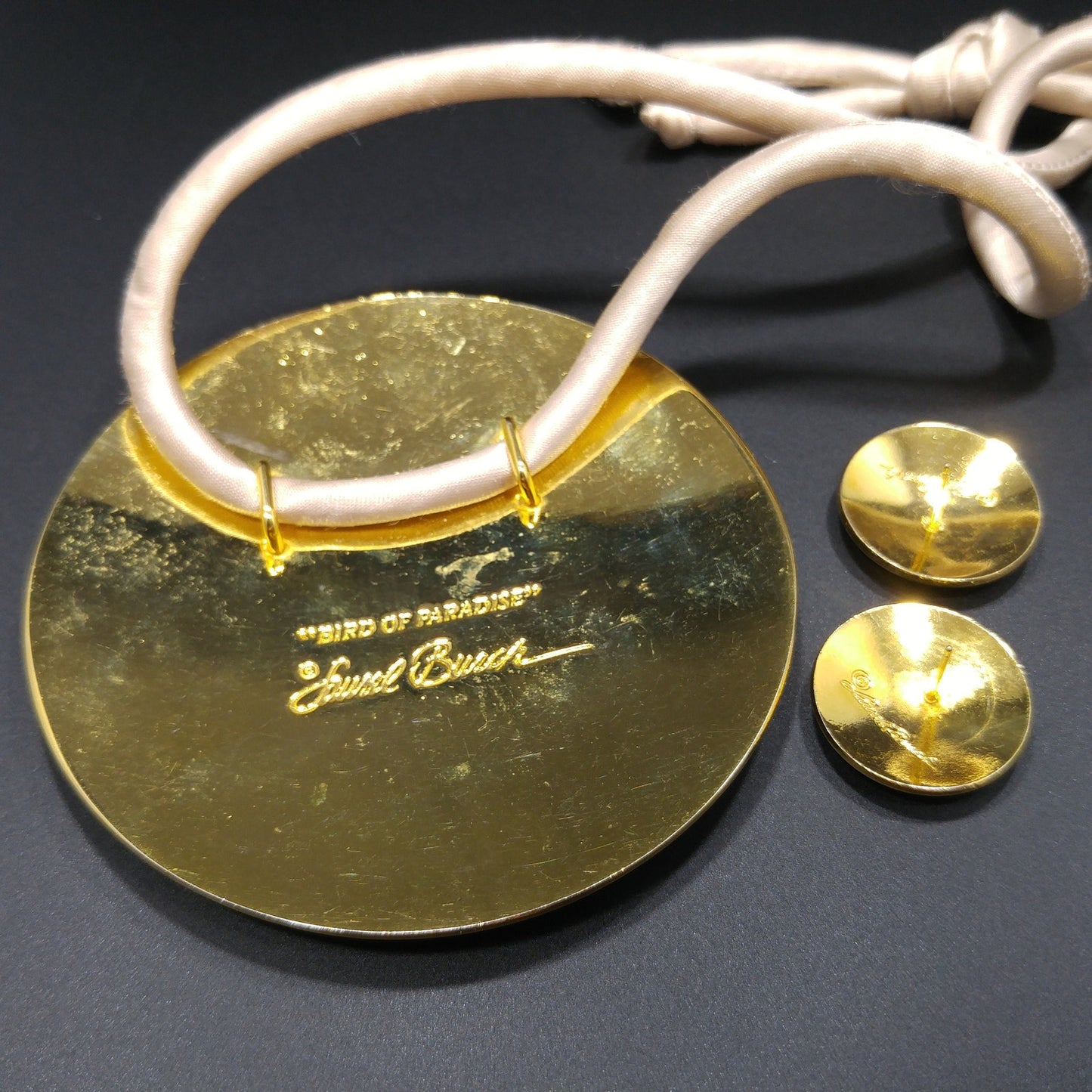 Laurel Burch "Bird of Paradise" Necklace & Earrings Set, Gold Plate Cloisonné Pastel Enamel, 1980s Vintage Jewelry