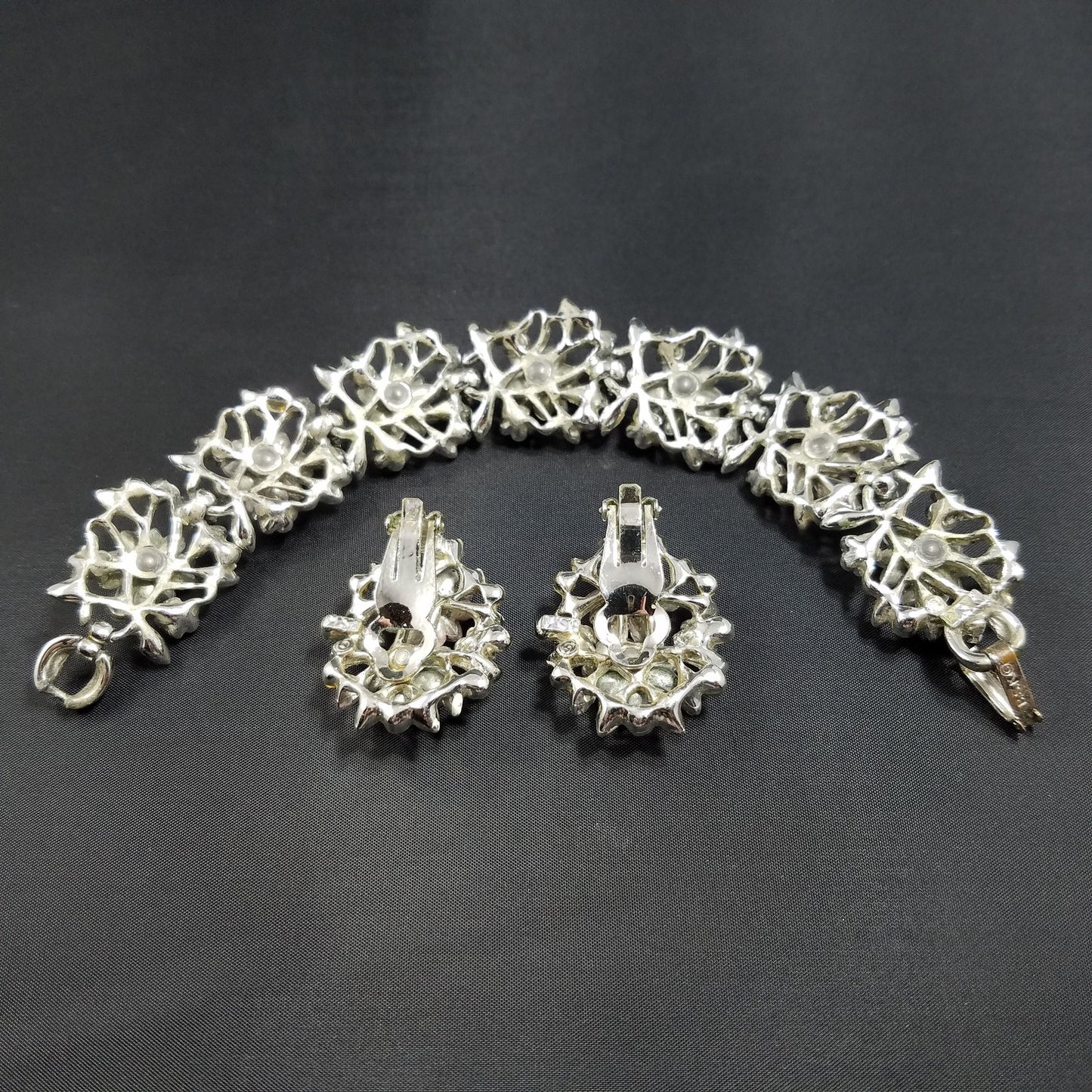 Vintage BSK White Enamel Floral Bracelet Earrings Set Pink Blue AB Rhinestones