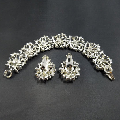 Vintage BSK White Enamel Floral Bracelet Earrings Set Pink Blue AB Rhinestones