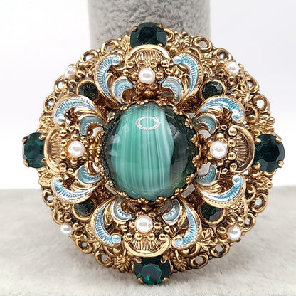 Vintage West Germany 1950s Green Rhinestone Enamel Filigree Faux Pearl Layered Brooch