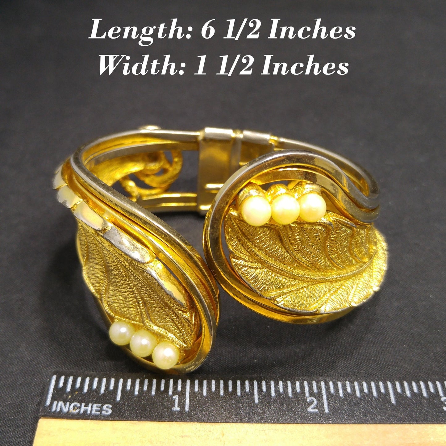 Tortolani Gold Plated Hinged Cuff Bracelet Leaf Design Faux Pearls 1960s Vintage