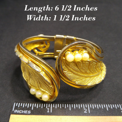 Tortolani Gold Plated Hinged Cuff Bracelet Leaf Design Faux Pearls 1960s Vintage