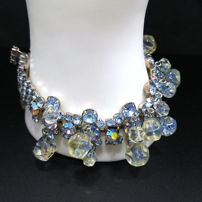 Light Blue AB Rhinestone Bracelet, Glass Dangle Clear Beads, Rhodium Plated, 1950s Vintage Jewelry
