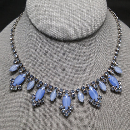 Blue Art Glass Rhinestone Necklace, Rhodium Plated, 1960s Vintage Jewelry