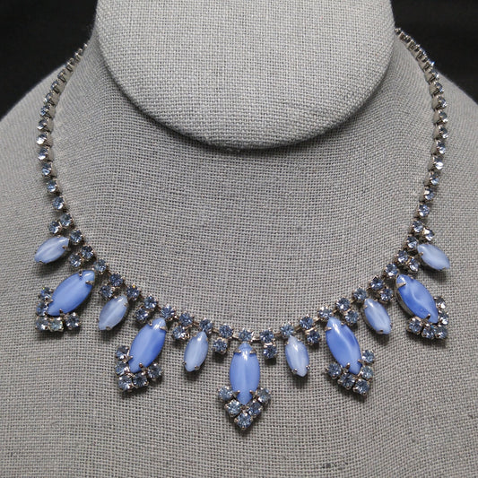 Blue Art Glass Rhinestone Necklace, Rhodium Plated, 1960s Vintage Jewelry