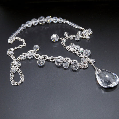 Vintage Swarovski Swan Logo Long Crystal Necklace Teardrop Pendant 1990s