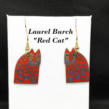 Laurel Burch "Red Cat" Earrings, Gold Plated, Red Enamel, 1980s Vintage Jewelry