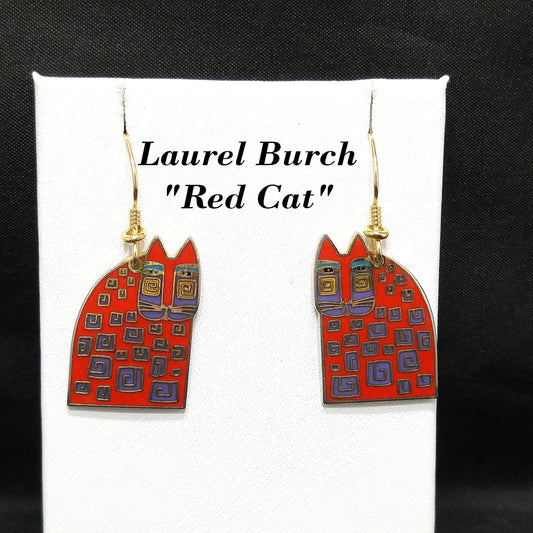 Laurel Burch "Red Cat" Earrings, Gold Plated, Red Enamel, 1980s Vintage Jewelry