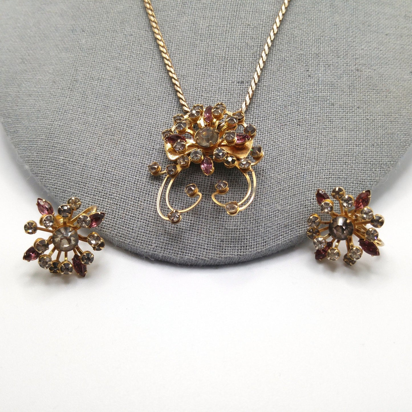 Floral Purple Rhinestone Pendant Brooch Necklace Earrings Set, Gray Clear Rhinestones, 1940s Vintage Jewelry